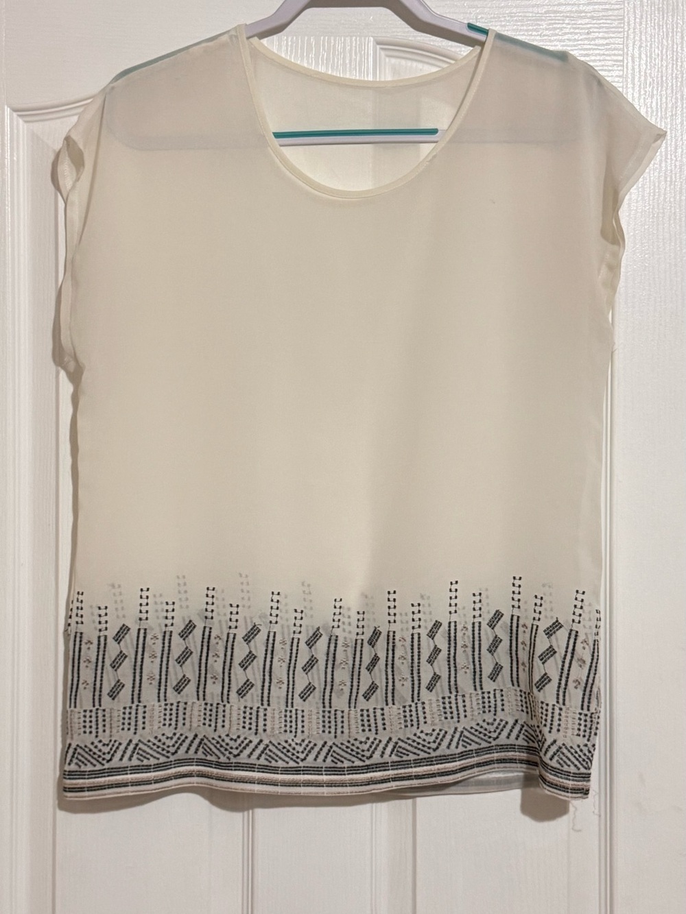 Women's Cream Short Sleeve Embroidered Hem Top